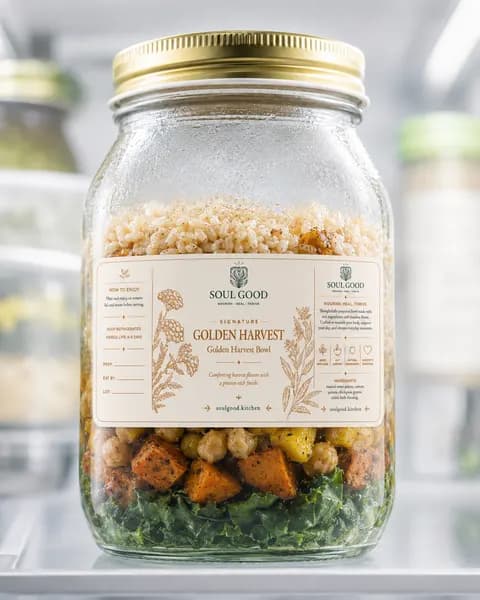 A Golden Harvest Bowl from the Soul Good kitchen, layered with grains, vegetables, and greens